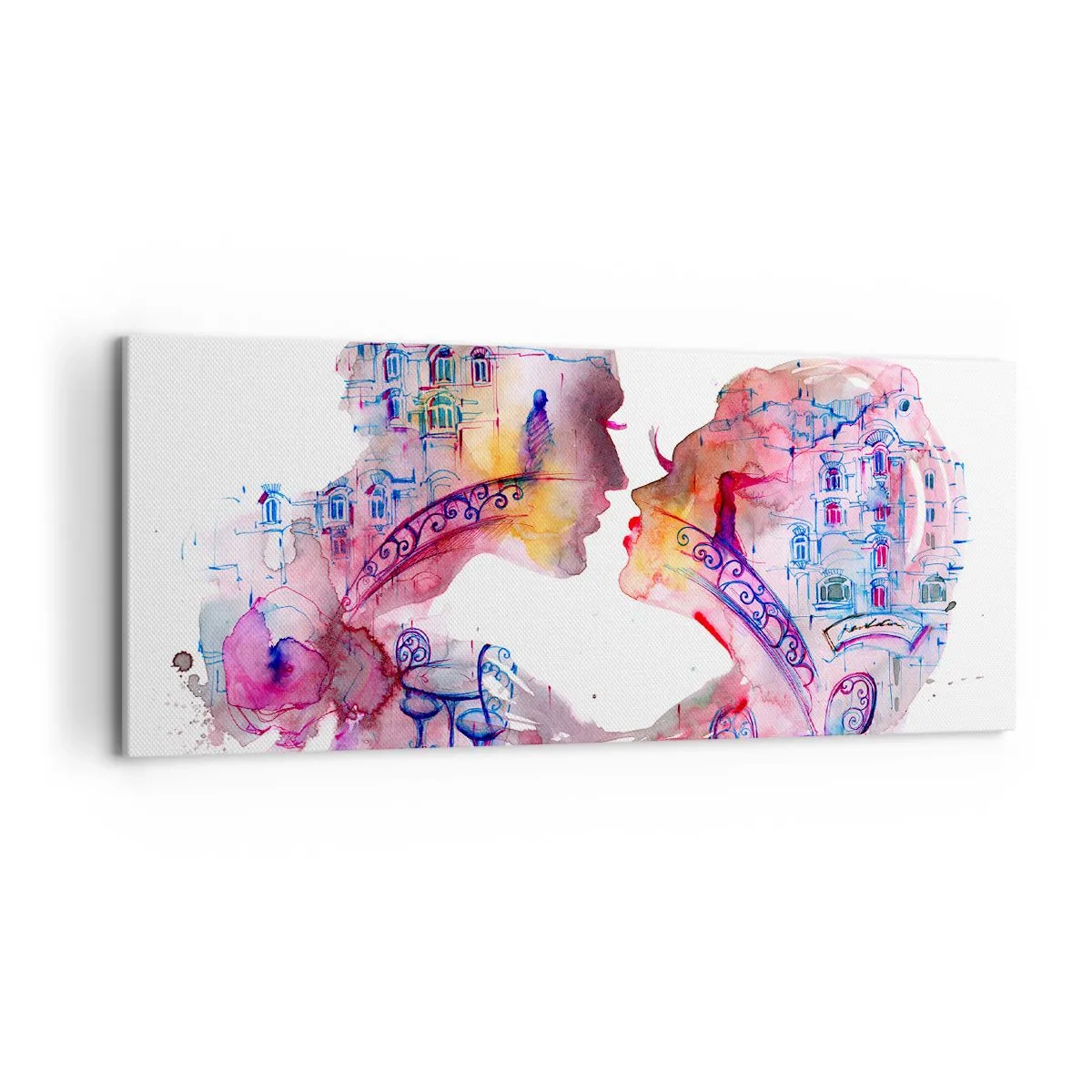 Obraz na płótnie - Romantyczna akwarela przedstawiająca sylwetki zakochanych - 120x50cm - Tajemny most westchnień - Nowoczesna dekoracja ścienna do salonu i sypialni ARTTOR