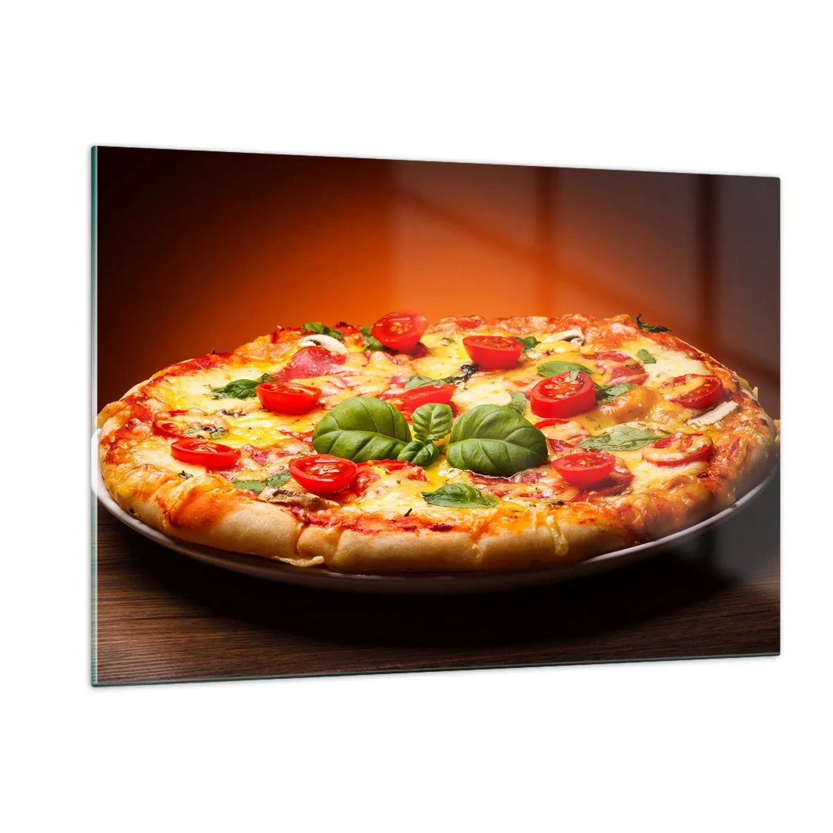Obraz na szkle - Pizza z pomidorami, bazylią i roztopionym serem - 120x80cm - Mamma mia! - Nowoczesna dekoracja ścienna do salonu, kuchni i sypialni ARTTOR