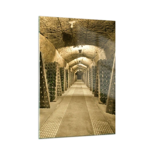 Obraz na szkle - Piwnica z leżakującymi butelkami wina w rzędach - 50x70cm - Narodziny smaku - Nowoczesna dekoracja ścienna do salonu, kuchni i sypialni ARTTOR