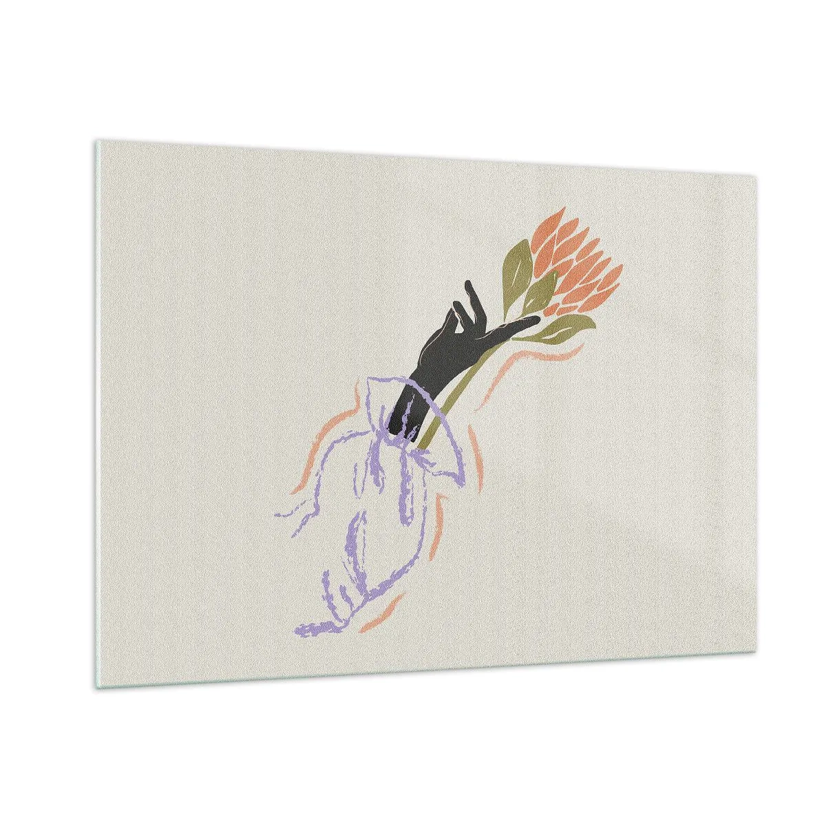 Obraz na szkle - Stylizowana dłoń z bukietem kwiatów narysowana pastelowymi liniami - 100x70cm - Siostrzany dotyk - Nowoczesna dekoracja ścienna do salonu, kuchni i sypialni ARTTOR