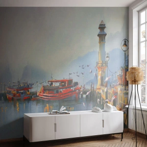 Fototapeta Premium Canvas - Port z czerwonymi łodziami otoczony mglistym pejzażem - 100x70cm - Na końcu świata - Nowoczesna dekoracja ścienna do salonu i sypialni ARTTOR