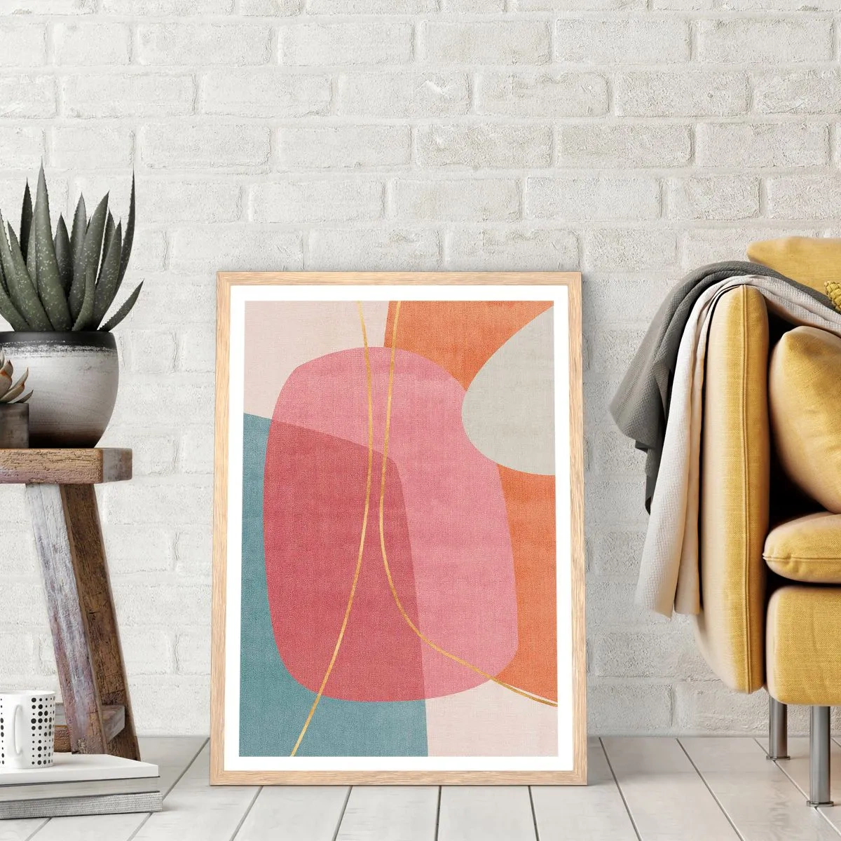 Plakat w ramie jasny dąb - Pastelowa kompozycja z nicią złota - 30x40 cm