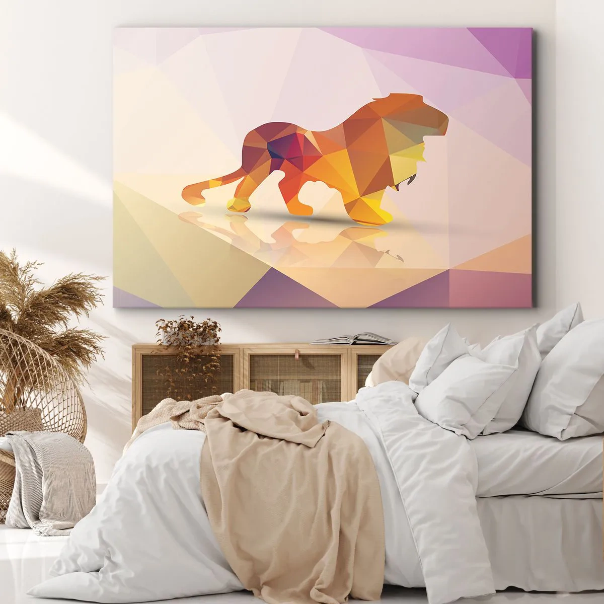 Obraz na płótnie - Geometryczna sylwetka lwa w odcieniach żółci i pomarańczy - 70x50cm - Diamentowy król - Nowoczesna dekoracja ścienna do salonu i sypialni ARTTOR