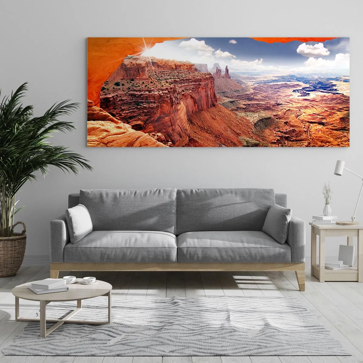 Obraz na szkle - Kanion widziany przez skalne okno z ciepłymi odcieniami skał - 120x50cm - Wyrzeźbione przez samą naturę - Nowoczesna dekoracja ścienna do salonu i sypialni ARTTOR