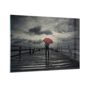 Obraz na szkle - Człowiek z czerwonym parasolem na drewnianym molo w deszczu - 100x70cm - To nic, że pada - Nowoczesna dekoracja ścienna do salonu, kuchni i sypialni ARTTOR