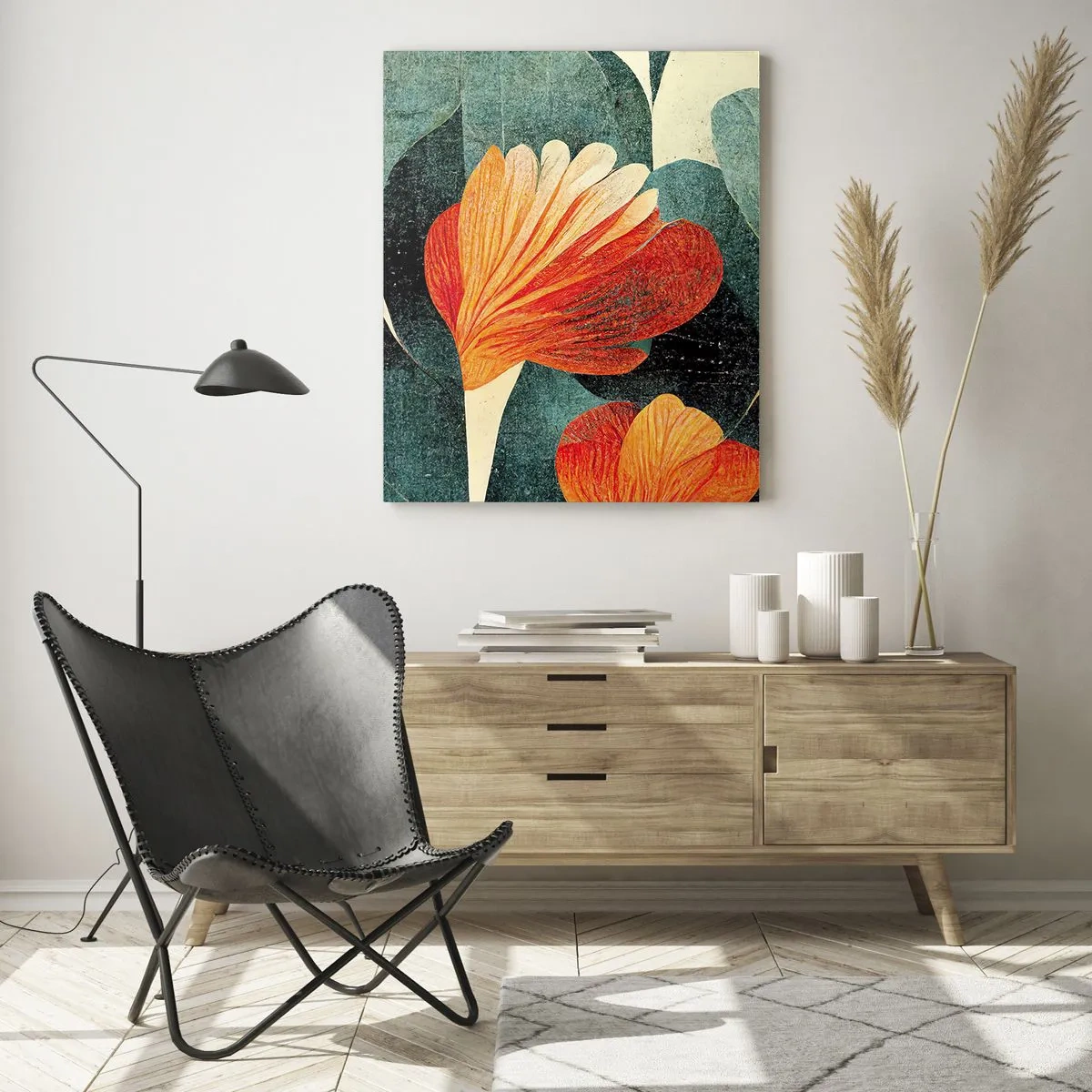 Obraz na szkle - Pomarańczowe kwiaty na tle ciemnozielonych liści - 50x70cm - Żar tropików i chłód zieleni - Nowoczesna dekoracja ścienna do salonu, kuchni i sypialni ARTTOR