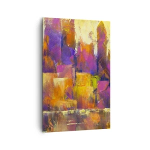 Obraz na płótnie - Abstrakcyjna kompozycja metropolii w odcieniach żółci i fioletu - 80x120cm - Kompozycja metropolitalna - Nowoczesna dekoracja ścienna do salonu i sypialni ARTTOR