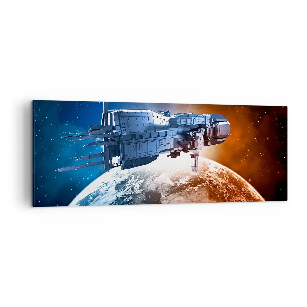 Obraz na płótnie - Statek kosmiczny na tle planety w przestrzeni - 140x50cm - Uważny obserwator - Nowoczesna dekoracja ścienna do salonu i sypialni ARTTOR