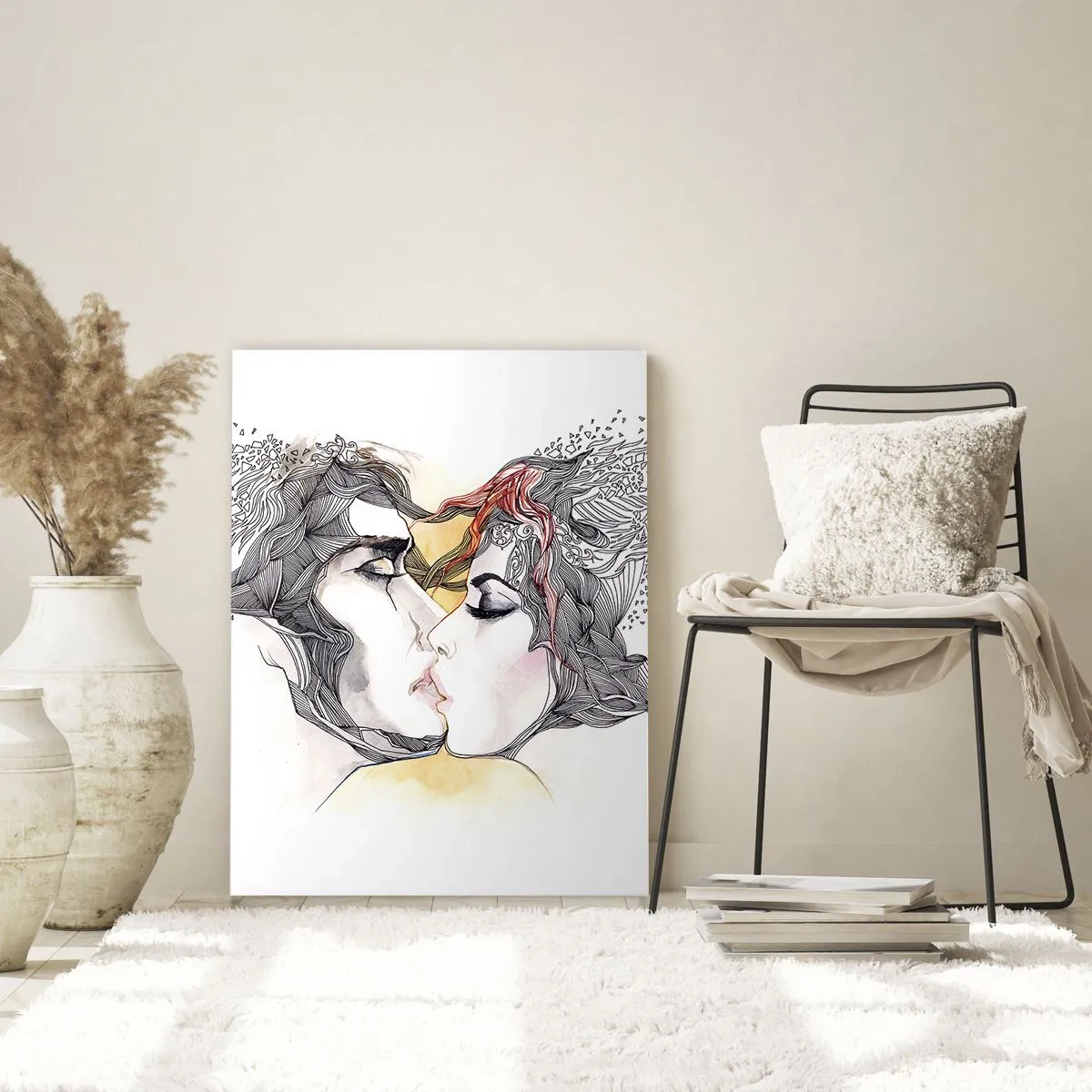 Obraz na szkle - Artystyczny portret pary z abstrakcyjnymi motywami włosów - 70x100cm - Świat nie istnieje - Nowoczesna dekoracja ścienna do salonu i sypialni ARTTOR