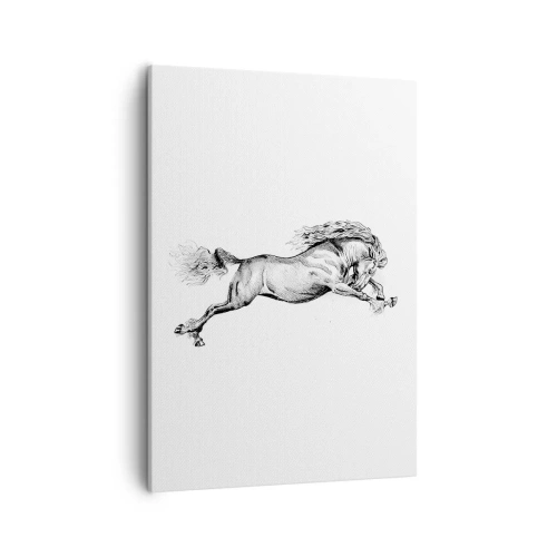Obraz na płótnie - Czarno-biała ilustracja galopującego konia na białym tle - 50x70cm - Zatrzymany w galopie - Nowoczesna dekoracja ścienna do salonu, kuchni i sypialni ARTTOR