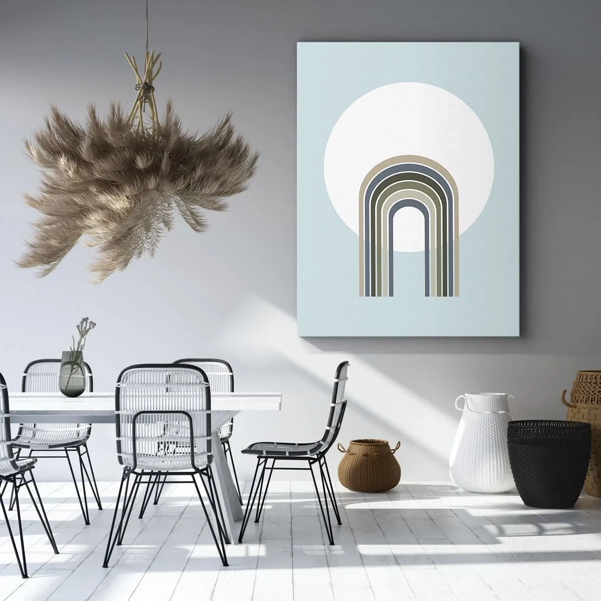 Obraz na płótnie - Minimalistyczna tęcza na tle białego koła i jasnoniebieskiego tła - 50x70cm - Nieodparte przyciąganie - Nowoczesna dekoracja ścienna do salonu, kuchni i sypialni ARTTOR