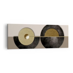 Obraz na płótnie - Abstrakcyjne koła w odcieniach złota i brązu - 140x50cm - Wariacje wokół koła - Nowoczesna dekoracja ścienna do salonu i sypialni ARTTOR