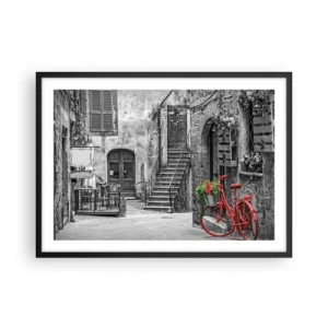 Plakat w czarnej ramie - Czerowny rower w czarno-białej uliczce - 70x50cm - Toskański zaułek - Nowoczesna dekoracja ścienna do salonu i sypialni ARTTOR