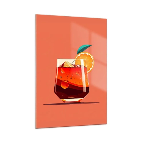 Obraz na szkle - Kolorowy drink z pomarańczą na tle w ciepłym odcieniu brzoskwini - 50x70cm - Letnie orzeźwienie - Nowoczesna dekoracja ścienna do salonu, kuchni i sypialni ARTTOR