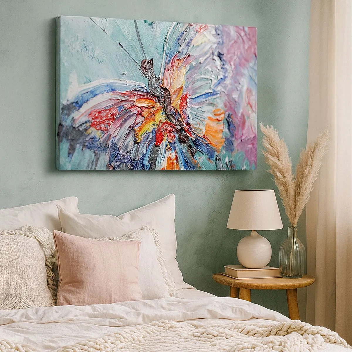 Obraz na płótnie - Kolorowy motyl w stylu impasto na pastelowym tle - 70x50cm - Pomalowany przez naturę - Nowoczesna dekoracja ścienna do salonu i sypialni ARTTOR