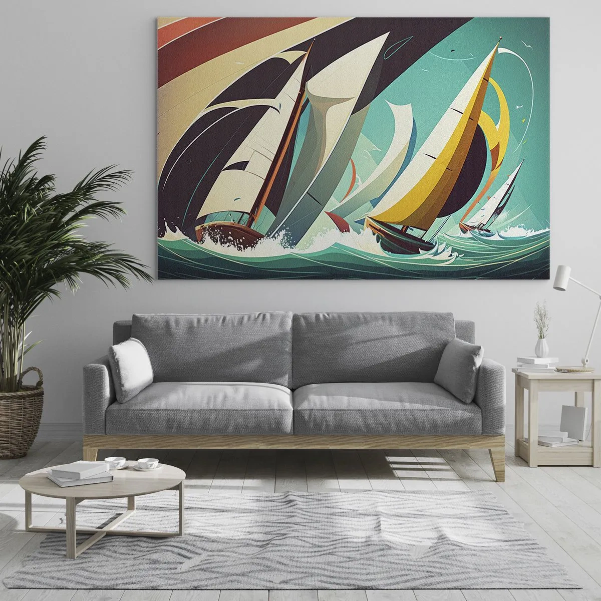 Obraz na szkle - Ilustracja żaglówek na wzburzonym morzu w stylu retro - 70x50cm - Z żywiołami za pan brat - Nowoczesna dekoracja ścienna do salonu i sypialni ARTTOR