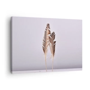 Obraz na płótnie - Delikatne pióra na jasnym tle w minimalistycznym stylu - 70x50cm - Przeciw nicości - Nowoczesna dekoracja ścienna do salonu i sypialni ARTTOR