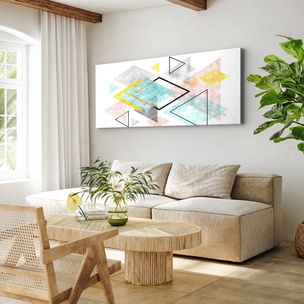 Obraz na płótnie - Kolorowe geometryczne wzory na białym tle - 140x50cm - Igraszka geometryczna - Nowoczesna dekoracja ścienna do salonu i sypialni ARTTOR