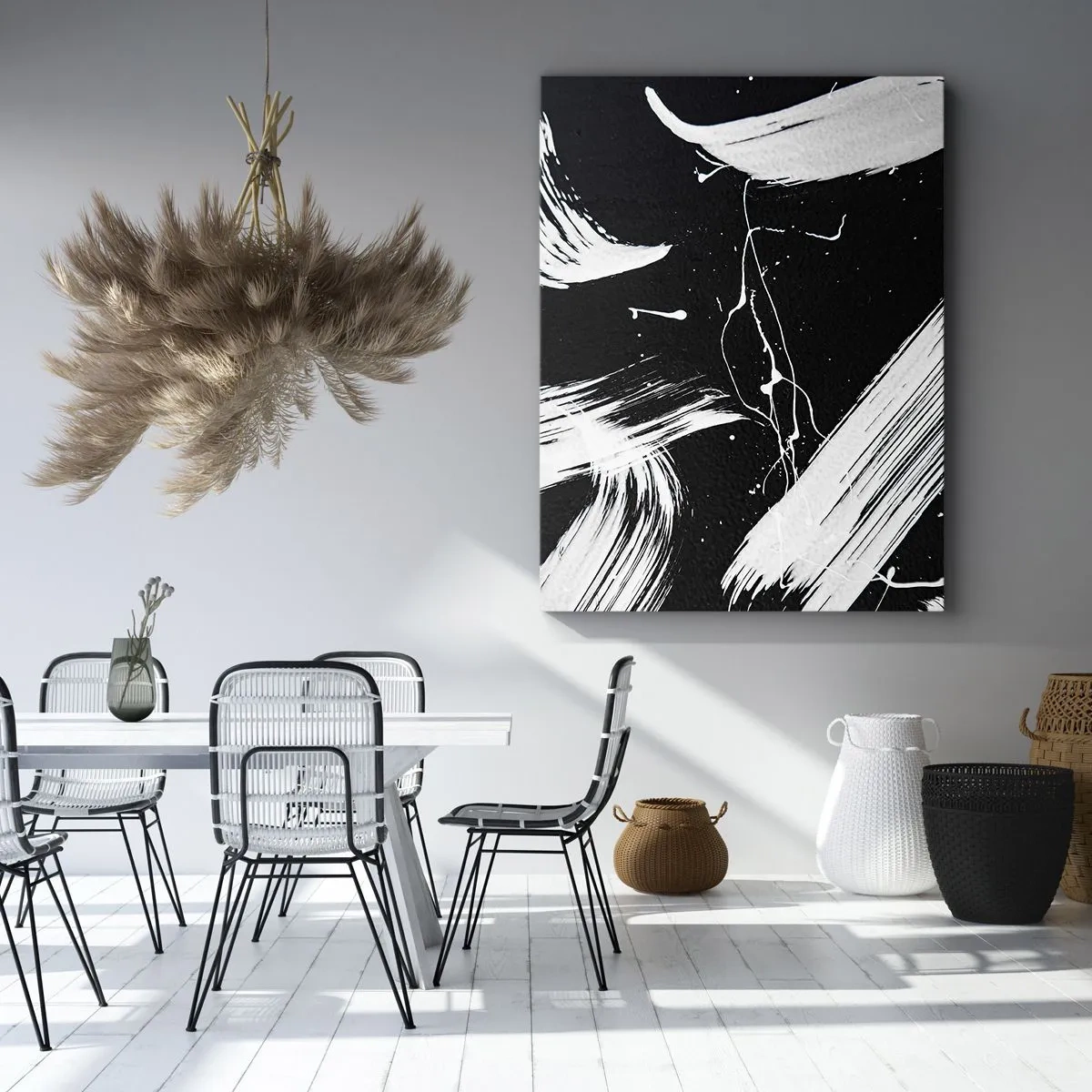 Obraz na płótnie - Abstrakcyjne białe pociągnięcia pędzla na czarnym tle - 50x70cm - Przełamać mrok - Nowoczesna dekoracja ścienna do salonu, kuchni i sypialni ARTTOR
