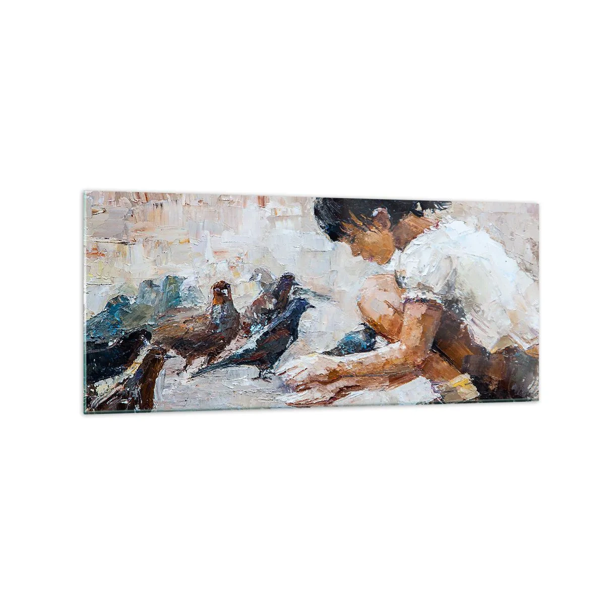 Obraz na szkle - Dziewczynka karmiąca ptaki w malarskim stylu - 120x50cm - Maluczcy i najmilsi - Nowoczesna dekoracja ścienna do salonu i sypialni ARTTOR