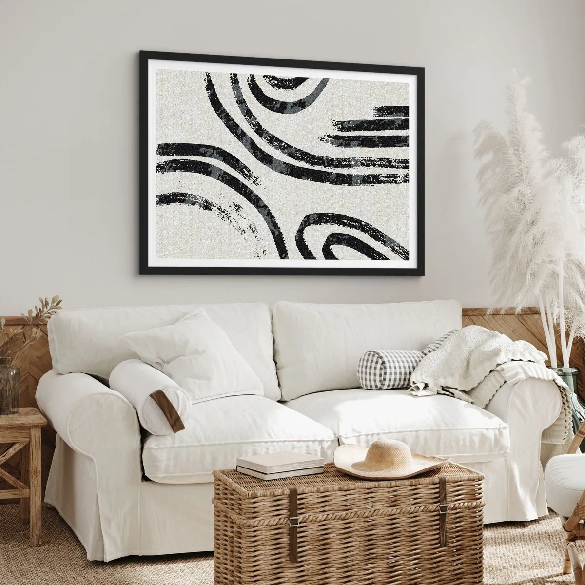 Plakat w czarnej ramie - Czarno-białe abstrakcyjne linie na jasnym tle - 70x50cm - W pół zatrzymany - Nowoczesna dekoracja ścienna do salonu i sypialni ARTTOR