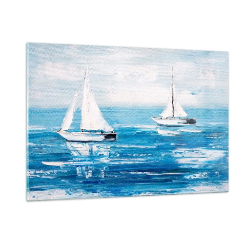 Obraz na szkle - Dwie białe żaglówki na spokojnym, błękitnym morzu - 120x80cm - Z przyjacielem u boku - Nowoczesna dekoracja ścienna do salonu, kuchni i sypialni ARTTOR