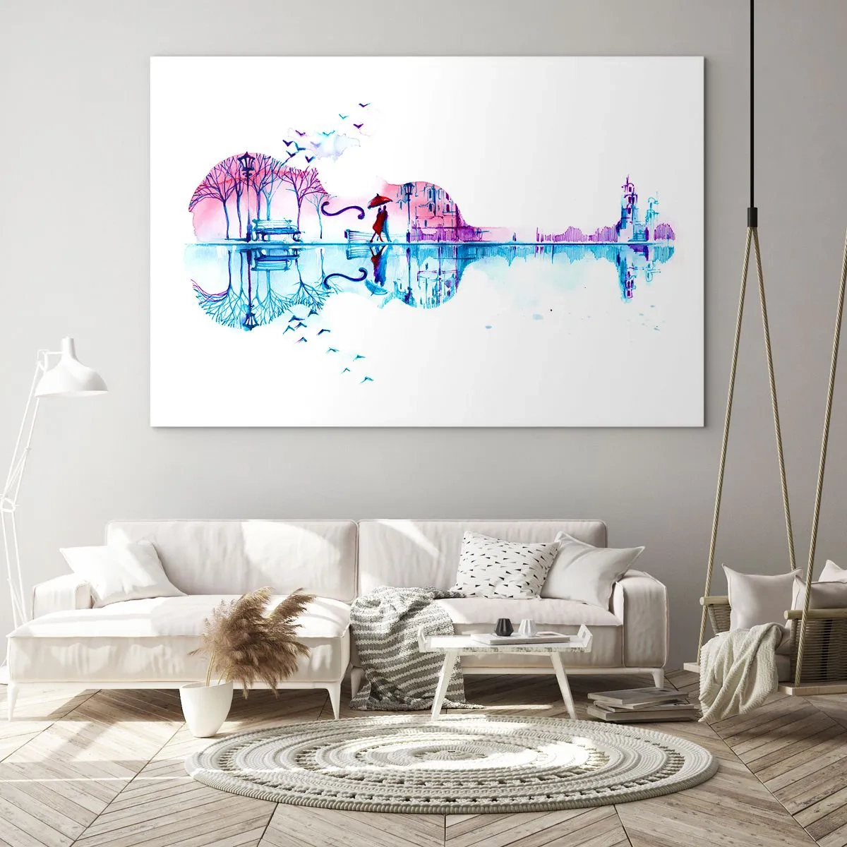 Obraz na szkle - Krajobraz w kształcie gitary w akwarelowym stylu - 70x50cm - Kantyczki deszczu wam przyniosę - Nowoczesna dekoracja ścienna do salonu i sypialni ARTTOR