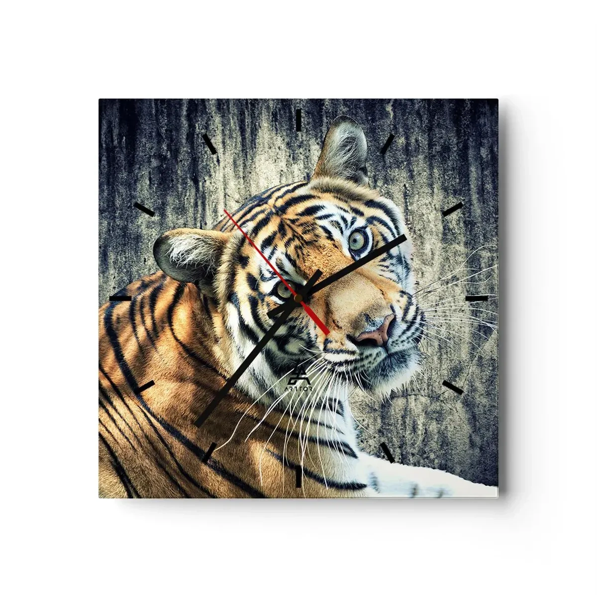Zegar ścienny - Tygrys leżący na tle surowej tekstury ściany - 30x30cm - Portret w strugach światła - Nowoczesna dekoracja ścienna do salonu i sypialni ARTTOR