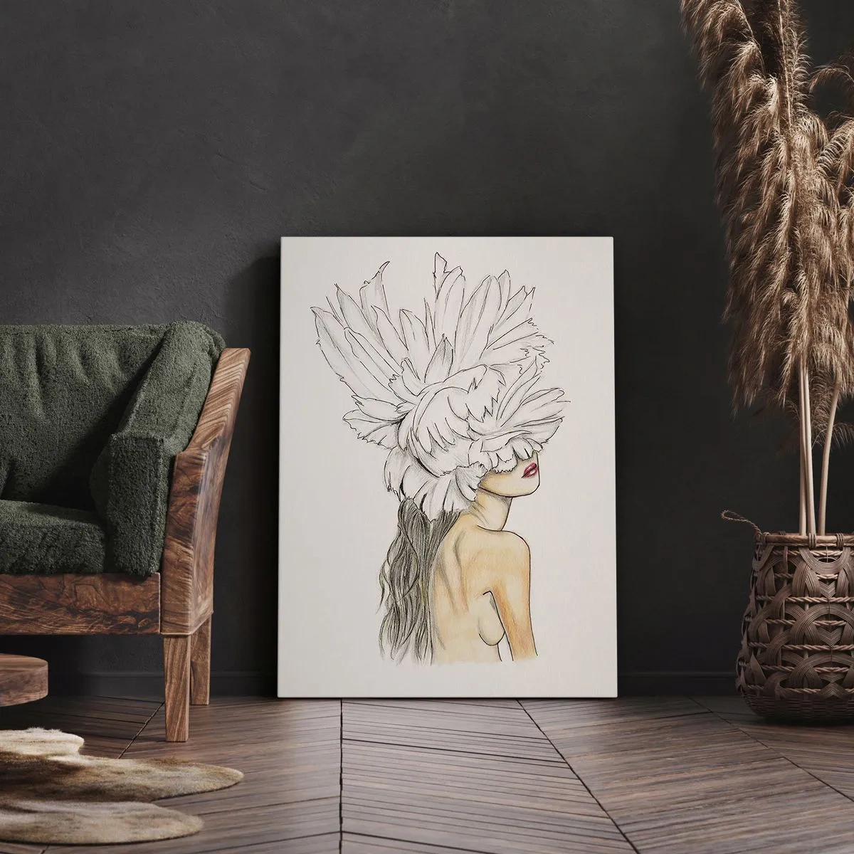 Obraz na płótnie - Kobieta z długimi włosami i pióropuszem z białych piór zasłaniającym twarz - 50x70cm - Piękność ukoronowana - Nowoczesna dekoracja ścienna do salonu, kuchni i sypialni ARTTOR