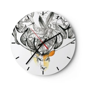 Zegar ścienny - Artystyczny rysunek jelenia z rozłożystym porożem i liśćmi - 30x30cm - Rogi obfitości - Nowoczesna dekoracja ścienna do salonu, kuchni i sypialni ARTTOR
