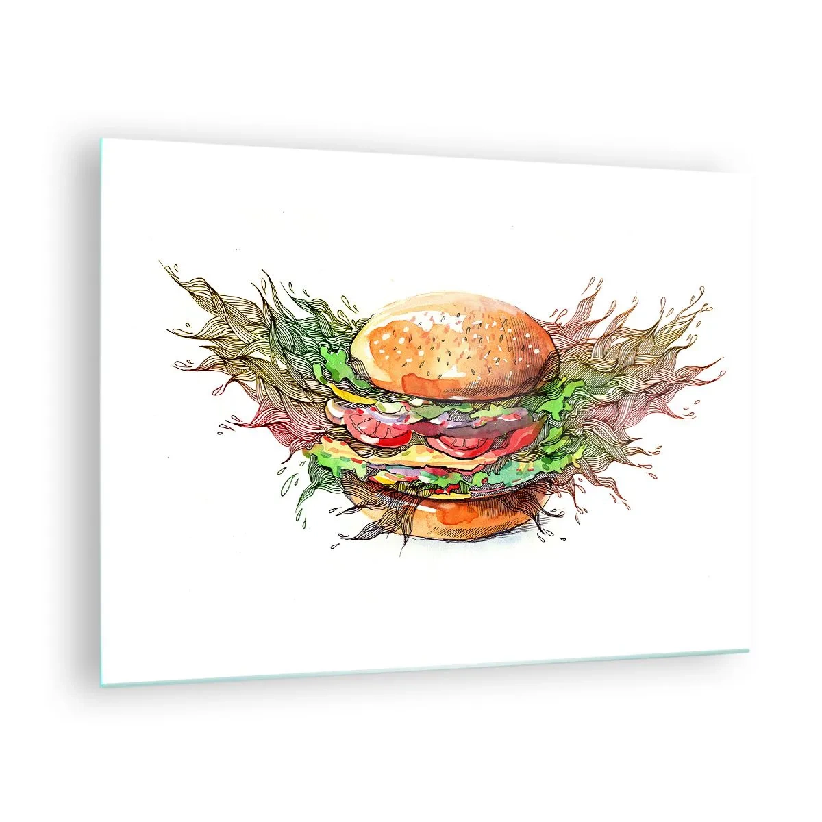 Obraz na szkle - Artystyczny rysunek burgera z detalami w stylu akwareli - 70x50cm - Gorąca pokusa - Nowoczesna dekoracja ścienna do salonu i sypialni ARTTOR