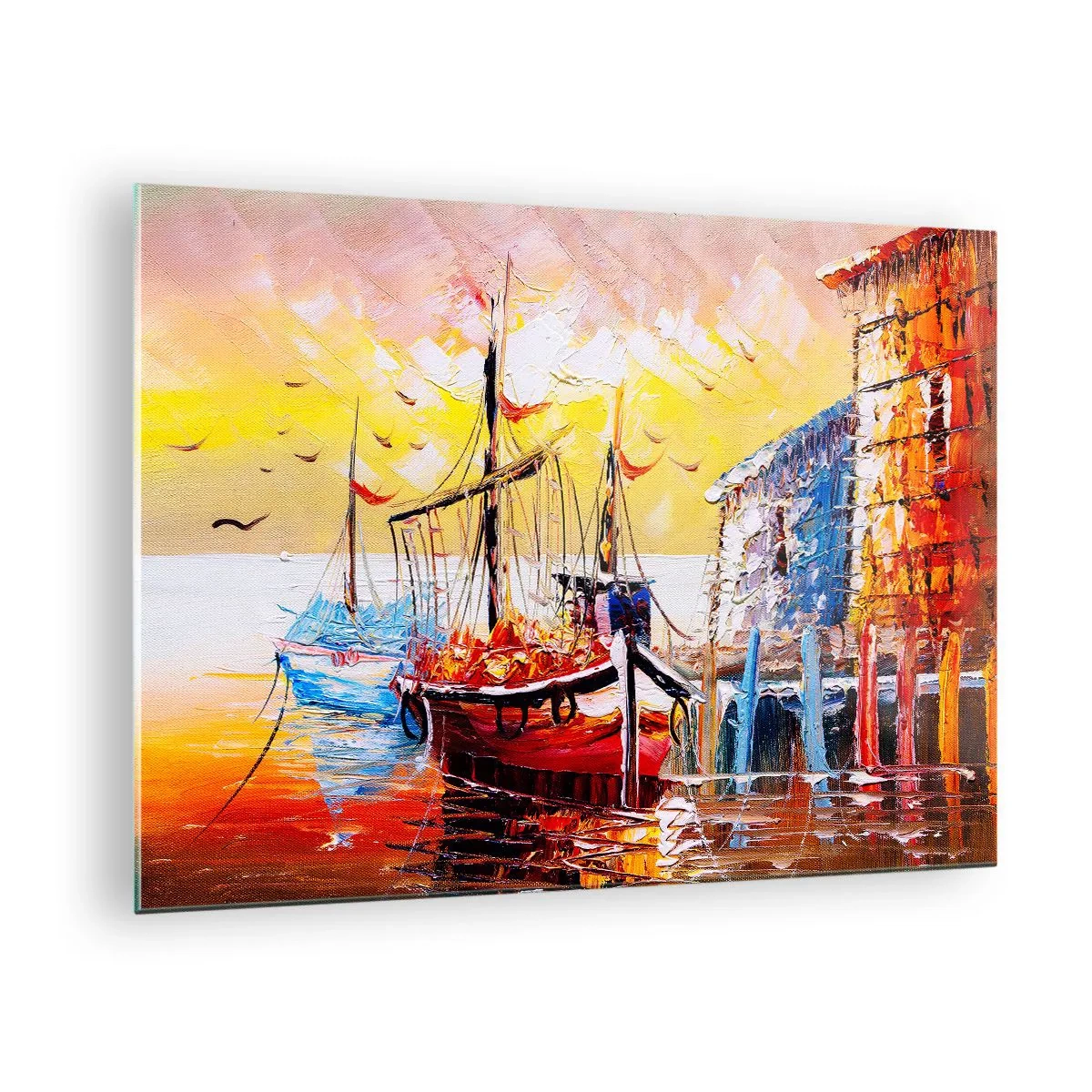 Obraz na szkle - Kolorowe żaglówki przy zachodzie słońca - 70x50cm - Szczęśliwy powrót - Nowoczesna dekoracja ścienna do salonu i sypialni ARTTOR