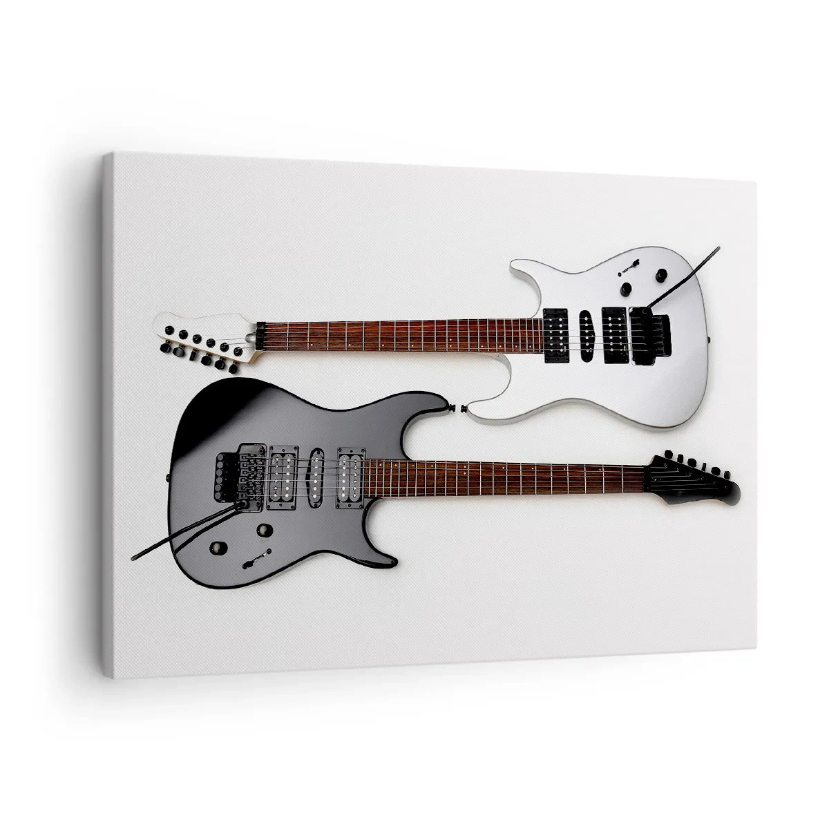 Obraz na płótnie - Dwie elektryczne gitary w czarno-białych kolorach na jasnym tle. - 70x50cm - Harmonia kształtów - Nowoczesna dekoracja ścienna do salonu i sypialni ARTTOR