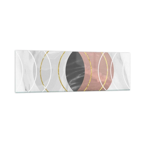 Obraz na szkle - Abstrakcyjna kompozycja geometryczna z kołami i metalicznymi detalami - 160x50cm - Muzyka sfer - Nowoczesna dekoracja ścienna do salonu i sypialni ARTTOR