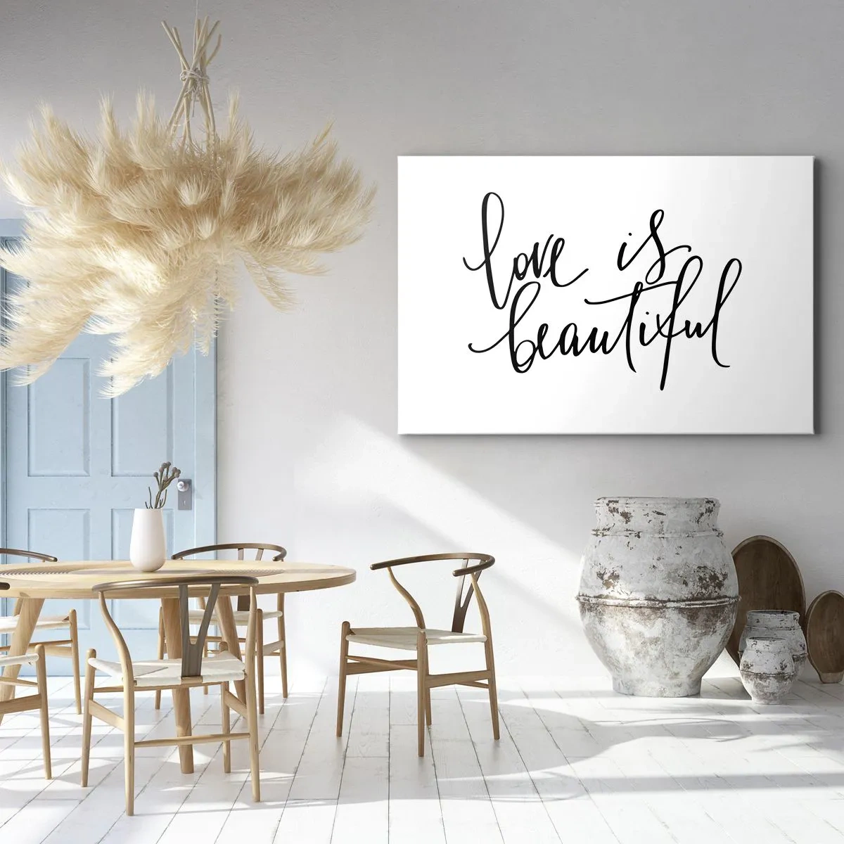 Obraz na płótnie - Czarny napis love is beautiful na białym tle - 120x80cm - Czytaj i powtarzaj - Nowoczesna dekoracja ścienna do salonu, kuchni i sypialni ARTTOR