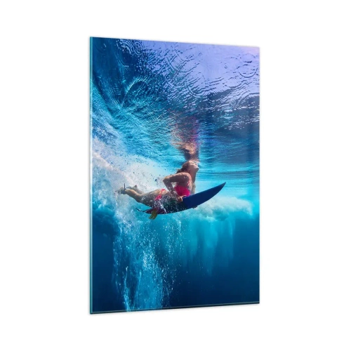 Obraz na szkle - Surferka pod wodą w dynamicznej kompozycji w odcieniach błękitu - 80x120cm - Głębia radości - Nowoczesna dekoracja ścienna do salonu i sypialni ARTTOR