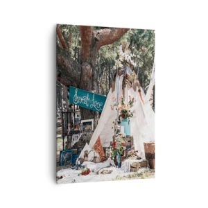Obraz na płótnie - Dekoracja boho z tipi w lesie - 70x100cm - Make love… - Nowoczesna dekoracja ścienna do salonu i sypialni ARTTOR