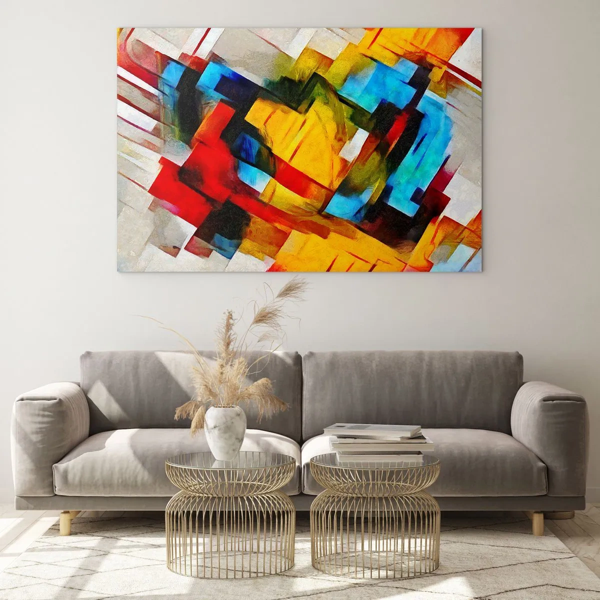 Obraz na szkle - Abstrakcyjna kompozycja geometrycznych kształtów - 70x50cm - Różnobarwny przekładaniec - Nowoczesna dekoracja ścienna do salonu i sypialni ARTTOR