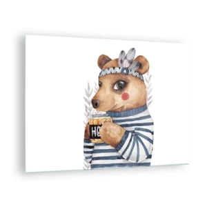 Obraz na szkle - Miś w paski z kubkiem miodu i piórami - 70x50cm - Słodka Misia - Nowoczesna dekoracja ścienna do salonu i sypialni ARTTOR