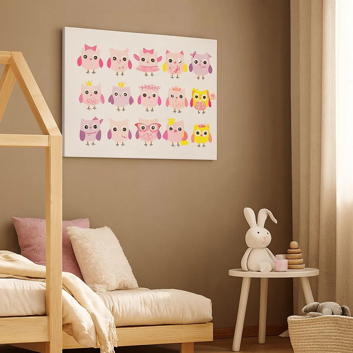 Obraz na płótnie - Urocze sowy w pastelowych kolorach - 70x50cm - Jedna słodsza od drugiej - Nowoczesna dekoracja ścienna do salonu i sypialni ARTTOR