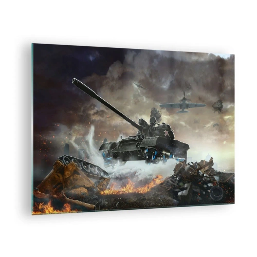 Obraz na szkle - Czołg w akcji na tle dramatycznego pola bitwy - 70x50cm - Bitwa jest straszna i piękna - Nowoczesna dekoracja ścienna do salonu i sypialni ARTTOR