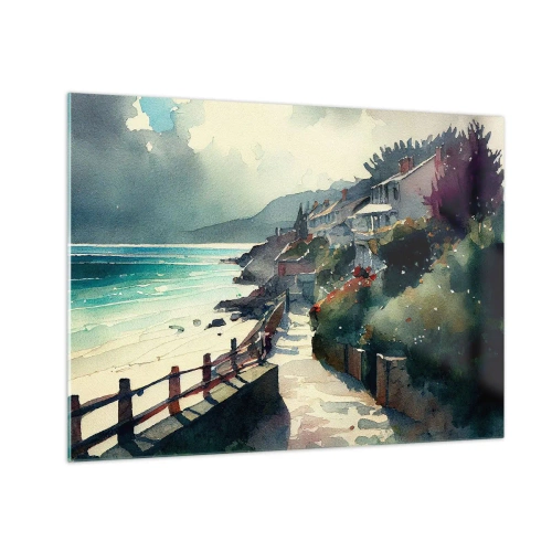 Obraz na szkle - Spacerowa alejka nadmorska przy kolorowych domach i wodzie - 70x50cm - Śródziemnomorskie miasteczko - Nowoczesna dekoracja ścienna do salonu i sypialni ARTTOR