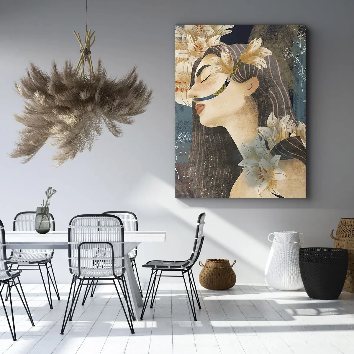 Obraz na płótnie - Portret stylizowanej kobiety z liliami we włosach - 50x70cm - Baśń o królewnie z liliami - Nowoczesna dekoracja ścienna do salonu, kuchni i sypialni ARTTOR