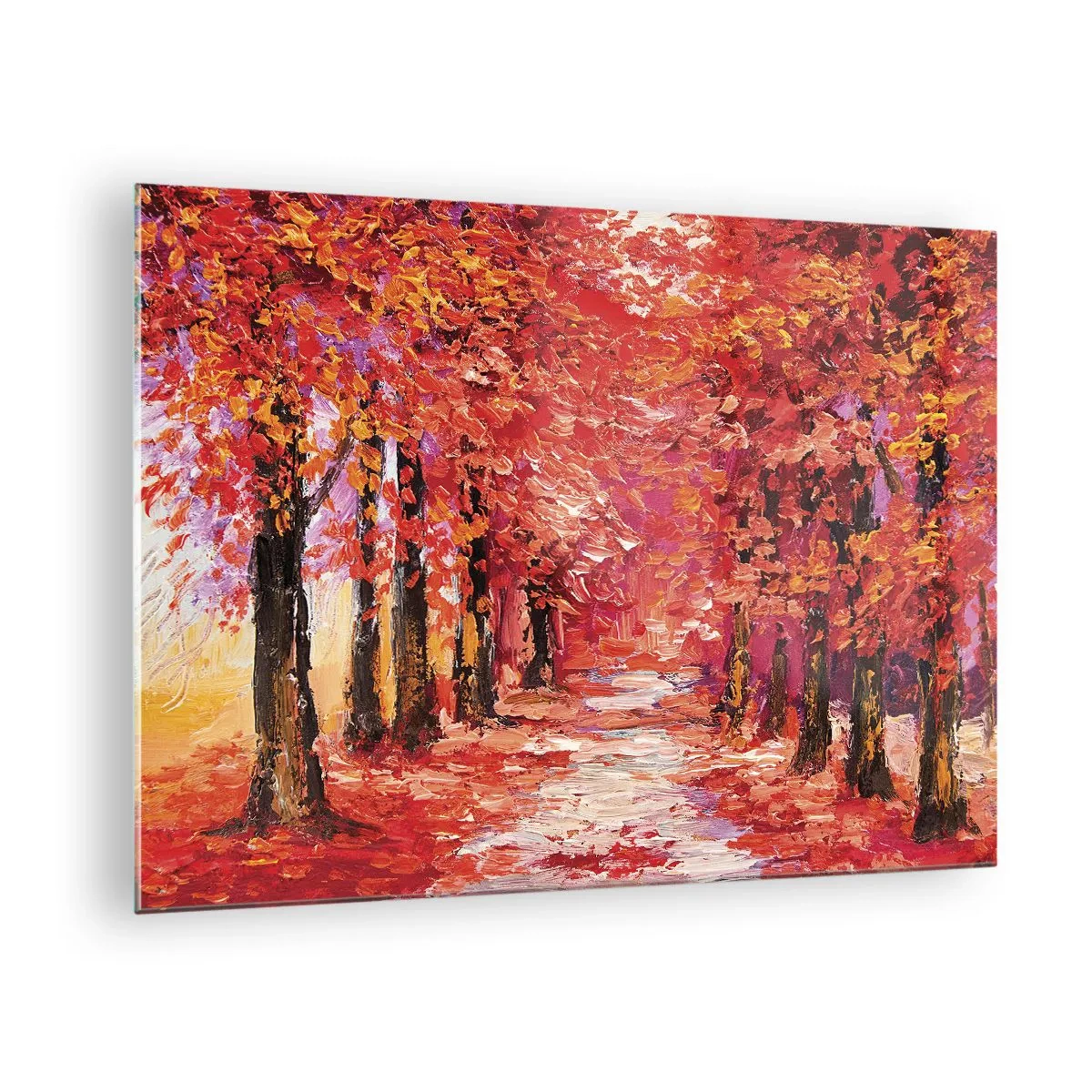 Obraz na szkle - Malownicza alejka w jesiennych kolorach pełna ciepłych barw - 70x50cm - Jesienna impresja - Nowoczesna dekoracja ścienna do salonu i sypialni ARTTOR