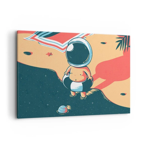 Obraz na płótnie - Zabawny astronauta na plaży z kosmicznymi elementami w tle - 120x80cm - Z innej perspektywy - Nowoczesna dekoracja ścienna do salonu, kuchni i sypialni ARTTOR