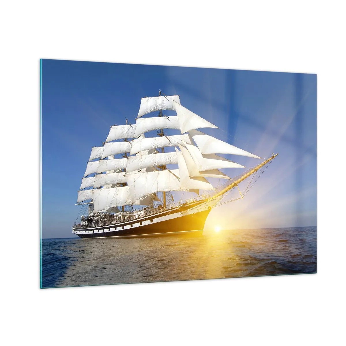 Obraz na szkle - Żaglowiec oświetlony promieniami słońca na otwartym morzu - 100x70cm - Ich czas nigdy nie przeminie - Nowoczesna dekoracja ścienna do salonu, kuchni i sypialni ARTTOR