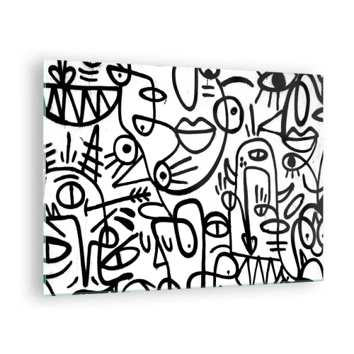 Obraz na szkle - Czarno-biała abstrakcja z oczami, twarzami i liniami - 70x50cm - Twarze i miraże - Nowoczesna dekoracja ścienna do salonu i sypialni ARTTOR