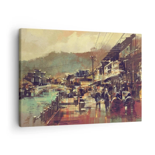 Obraz na płótnie - Miasteczko z mostem i uliczkami w artystycznym stylu - 70x50cm - Życie jako bogactwo szarości - Nowoczesna dekoracja ścienna do salonu i sypialni ARTTOR