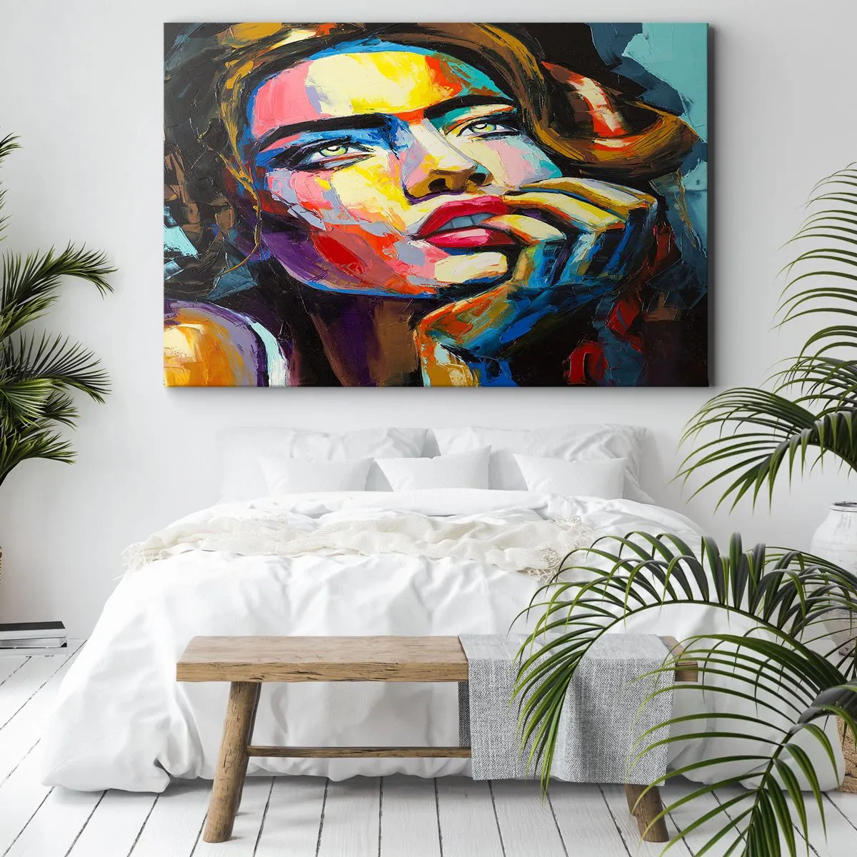 Obraz na płótnie - Kolorowy portret kobiety w stylu ekspresjonistycznym - 70x50cm - Marzenia jak ptaki szybują po niebie - Nowoczesna dekoracja ścienna do salonu i sypialni ARTTOR