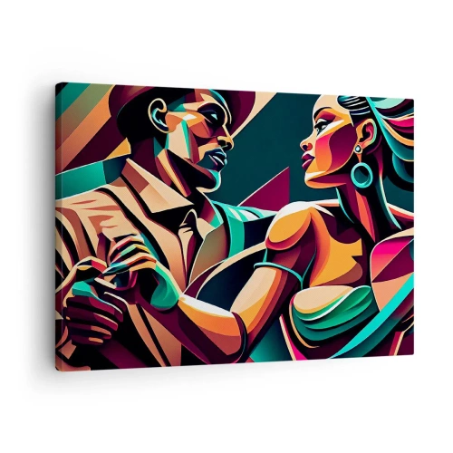 Obraz na płótnie - W rytmie serca - Stylizowana para tańcząca w żywych, geometrycznych barwach - 70x50cm